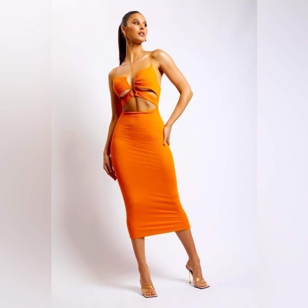 MESHKI Indiana Ruched Cut Out Midi Dress Mandarin